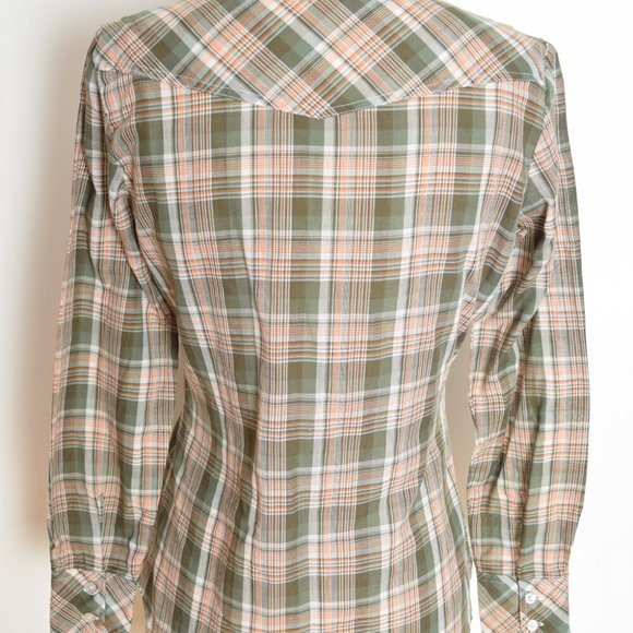 vintage 70s top shirt thin plaid olive green western cowgirl blouse S M - Picture 5 of 7